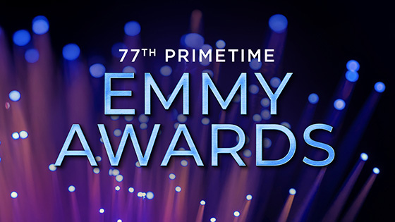 77th Primetime Emmy Awards logo with glowing purple and blue light streaks in the background.