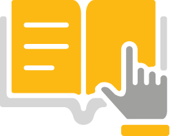 An image of a yellow open book with a hand pointing at a page.