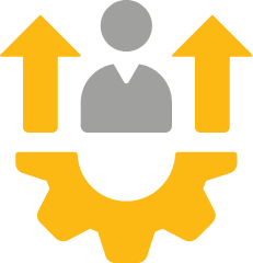 An image of a yellow gear with two yellow arrows pointing up and a grey figure in the middle.