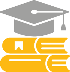An image of a stack of yellow books with a grey graduation cap on top.