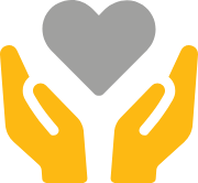An image of two yellow hands holding a grey heart.