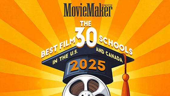 alt="The cover of the August 2025 issue of ‘MovieMaker’ magazine featuring an illustration of a film reel wearing a graduation cap and the words The Best 30 Film Schools in the US and Canada."