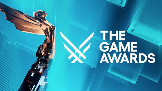 A stylized bronze Game Awards trophy stands against a blue digital backdrop beside The Game Awards logo and title text.